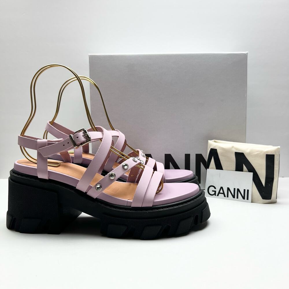 GANNI Crystal Embellished Strappy Block Heel Sandals EU 41 US 11 Pink Platform - Picture 2 of 11